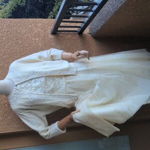 Vtg 50s Ivory Chiffon Cupcake Dress Formal Phoenix Arts Beaded Sweater Sz XS-S